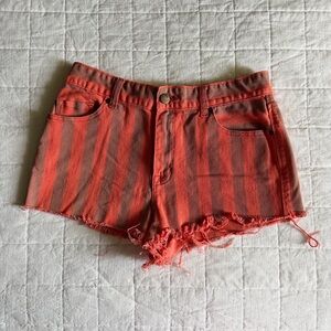 BDG Striped Coral Red Frayed Hem Women's Denim Shorts